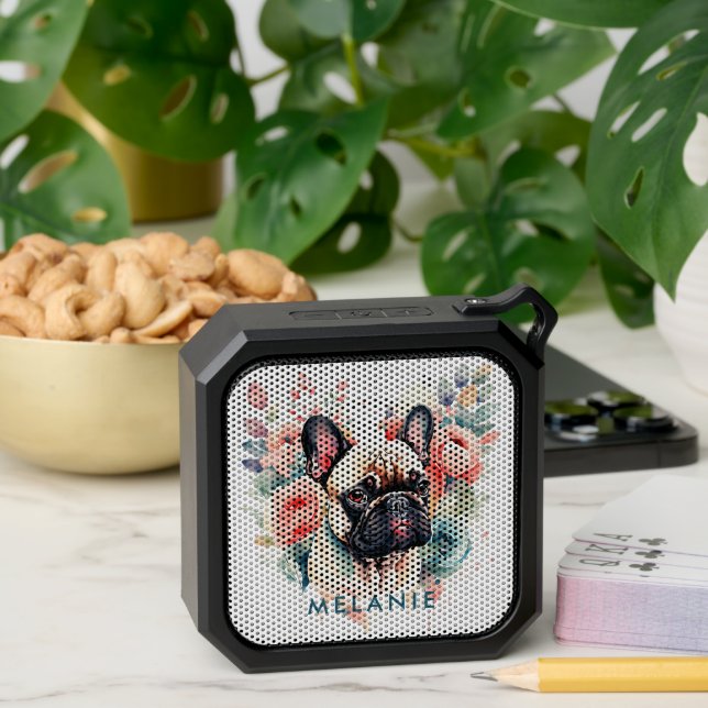 Cute French Bulldog Flowers Monogram Bluetooth Speaker (Insitu(Table))