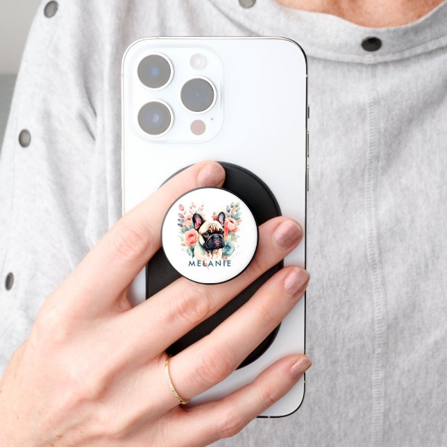 Cute French Bulldog Flowers Monogram PopSocket (Hand)