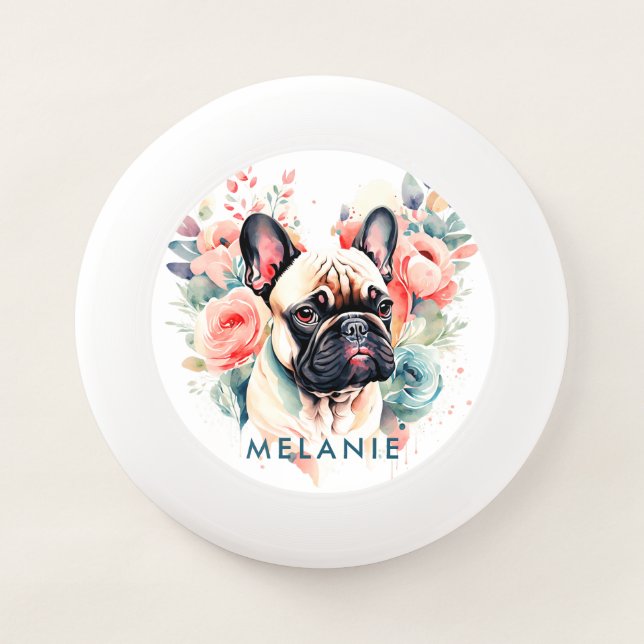 Cute French Bulldog Flowers Monogram Wham-O Frisbee (Front)