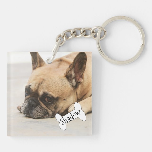 Cute French Bulldog Frenchie Puppy Name Keychain (Back)