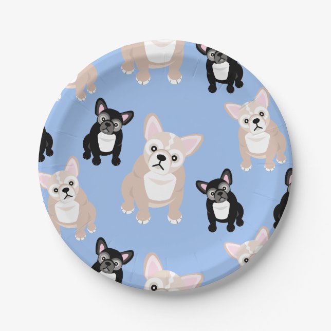 Cute French Bulldog Frenchies Birthday Cake Paper Plates (Front)