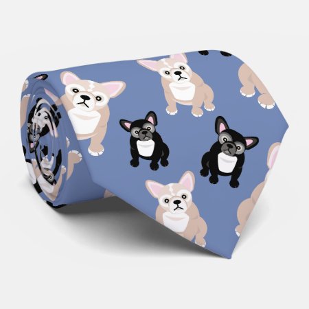 Cute French Bulldog Frenchies Pattern Blue Neck Tie