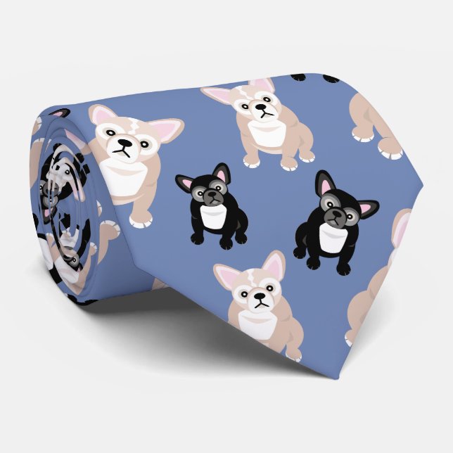 Cute French Bulldog Frenchies Pattern Blue Neck Tie (Rolled)