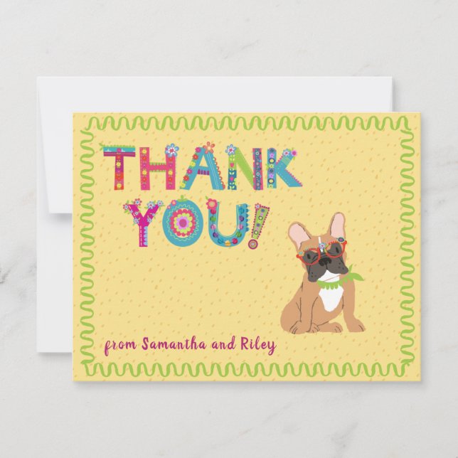 Cute French Bulldog Fun Floral Letters     Thank You Card (Front)
