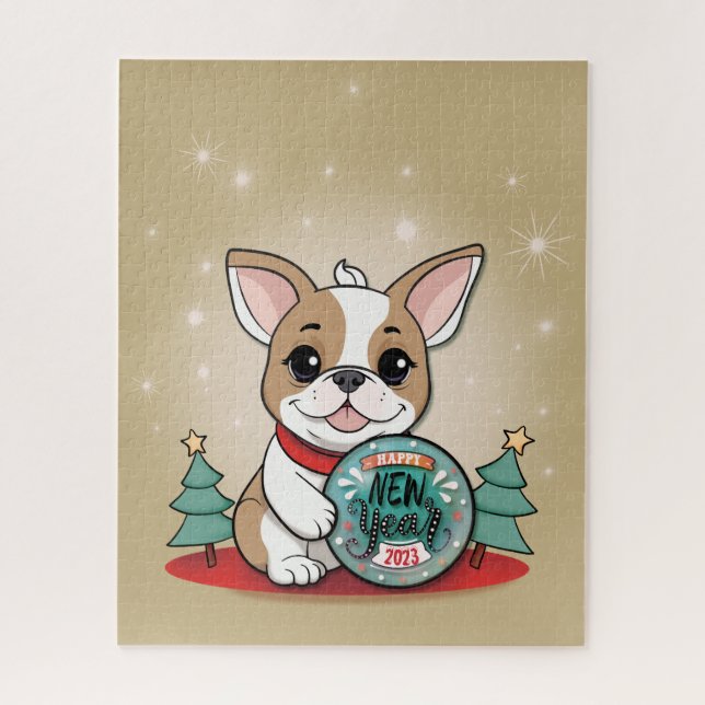 Cute French Bulldog Funny Happy New Year Jigsaw Puzzle (Vertical)