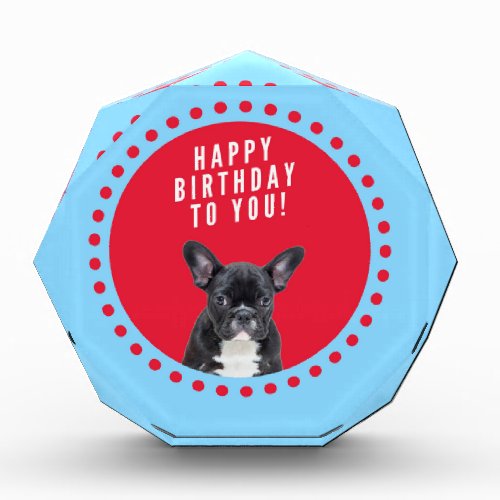 Cute French Bulldog Happy Birthday red dots blue Acrylic Award