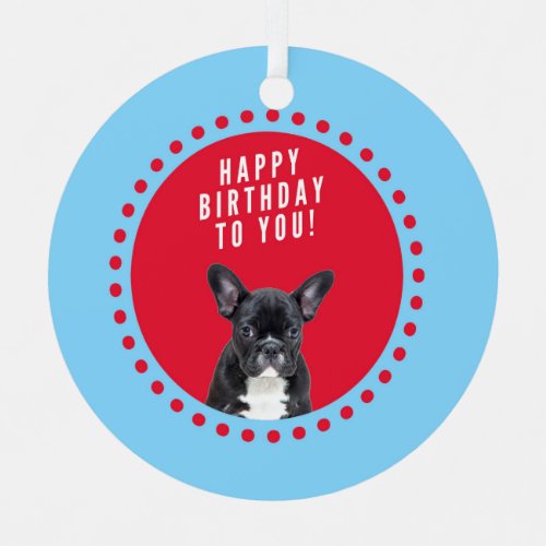 Cute French Bulldog Happy Birthday red dots blue Ornament