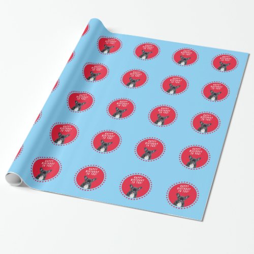 Cute French Bulldog Happy Birthday red dots blue Wrapping Paper