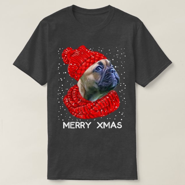 Cute French Bulldog Hat Scarf Merry Xmas Snow  T-Shirt (Design Front)