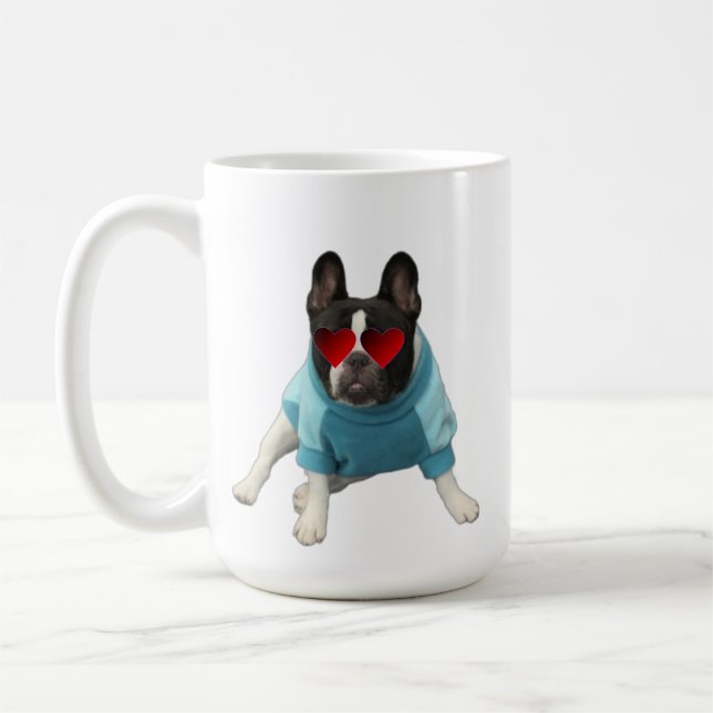 Cute French Bulldog Hearts Blue Red Mug (Left)