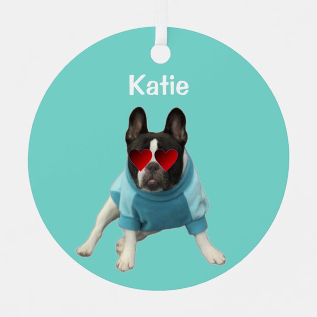 Cute French Bulldog Hearts Teal 4Kate Ornament (Front)
