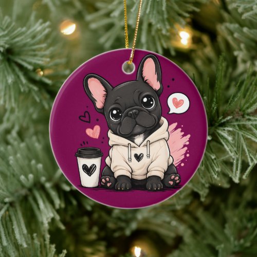 Cute French Bulldog Hoodie Illustration Ceramic Ornament