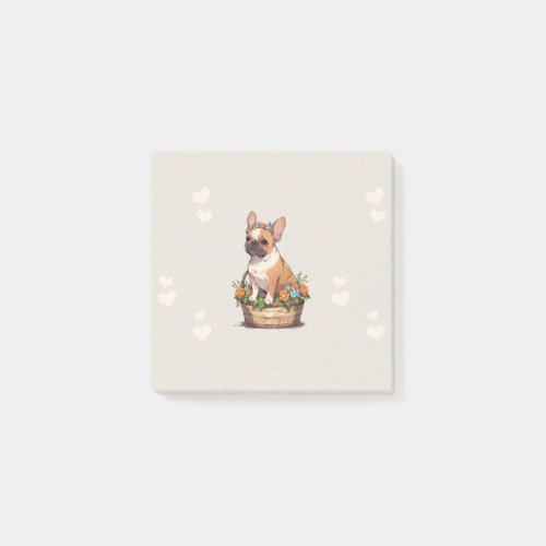 Cute French Bulldog in a basket with flowers crown Post_it Notes