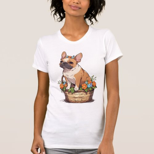 Cute French Bulldog in a basket with flowers crown T_Shirt