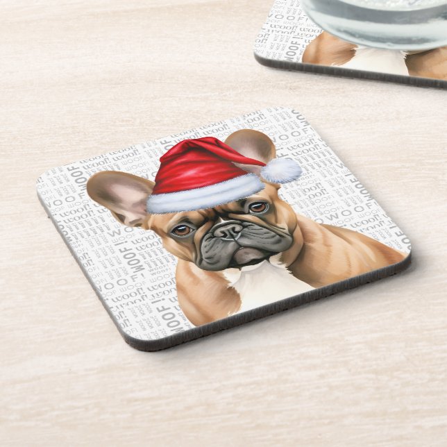 Cute French Bulldog in a Santa Hat Holiday Beverage Coaster (Left Side)