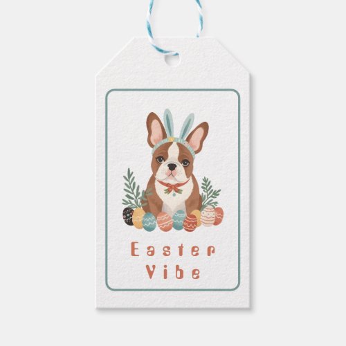 Cute French Bulldog in Bunny Ears and Easter Eggs Gift Tags