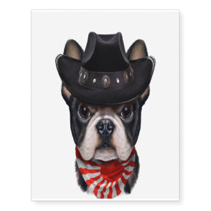 Cute French Bulldog in Cowboy Hat and Flag of Japa Temporary Tattoos
