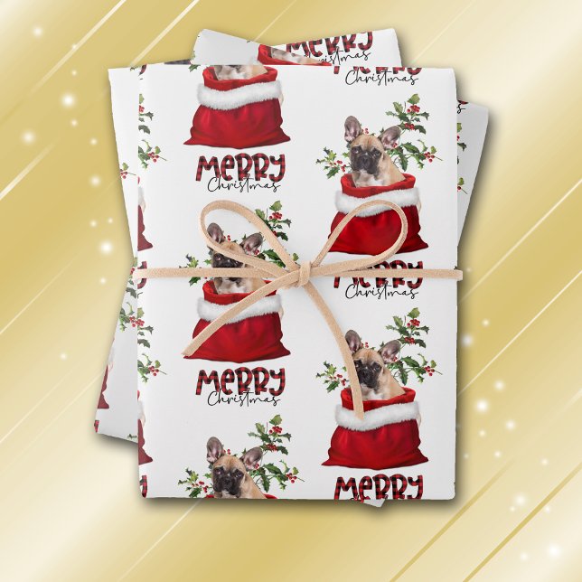 Cute French Bulldog in Holiday Gift Bag Wrapping Paper Sheets (Creator Uploaded)