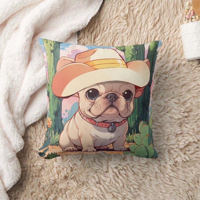 Cute French Bulldog pastel cowboy Throw Pillow (Blanket)