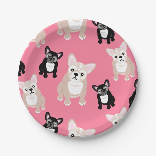 Cute French Bulldog Pattern Pink Party Cake Paper Plates (Front)