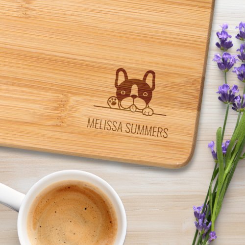Cute French Bulldog Peeking Custom Name Cutting Board
