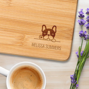 Cute French Bulldog Peeking Custom Name Engraved Cutting Board