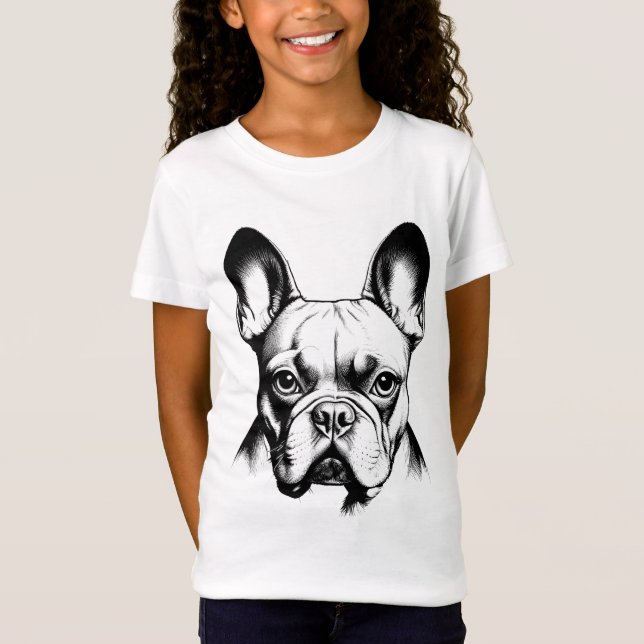 Cute French Bulldog Pencil Sketch Girls T-Shirt (Front)