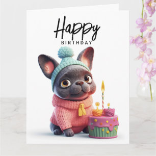 Cute French bulldog, pink dress, birthday cake Card