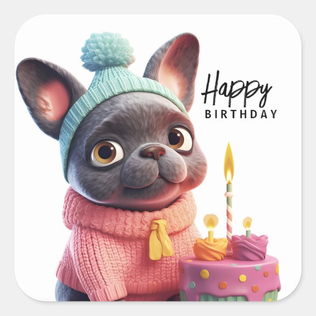 Cute French bulldog, pink dress, birthday cake Square Sticker (Front)