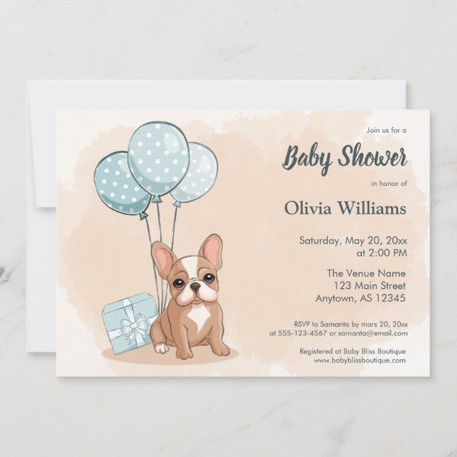 Cute French Bulldog Pup Blue ballons Baby Shower Invitation (Front)