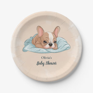 Cute French Bulldog Pup Blue Blanket Baby Shower Paper Plates