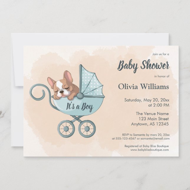 Cute French Bulldog Pup Blue Stroller Baby Shower Invitation (Front)