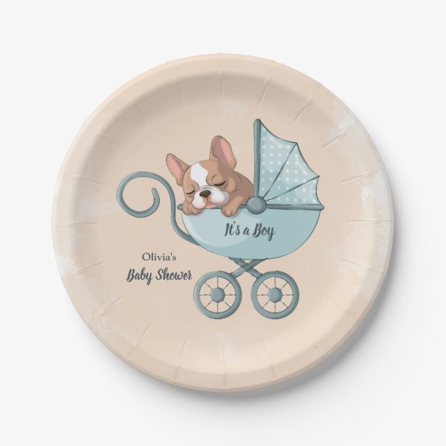 Cute French Bulldog Pup Blue Stroller Baby Shower Paper Plates (Front)