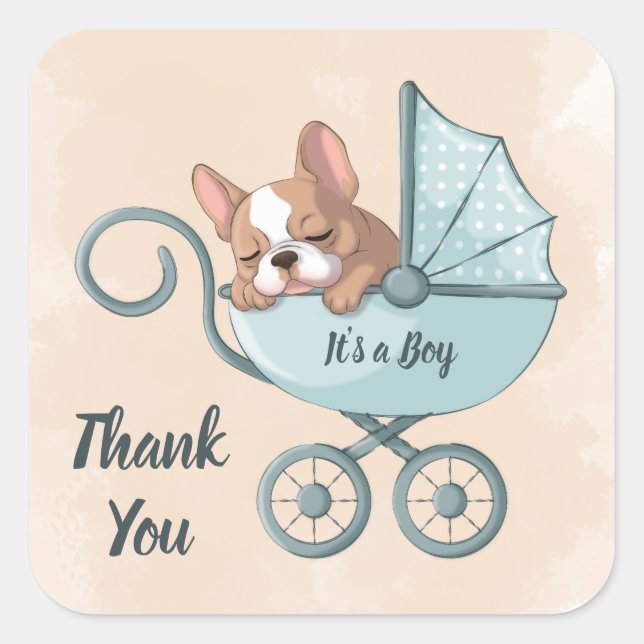 Cute French Bulldog Pup Blue Stroller Baby Shower Square Sticker (Front)