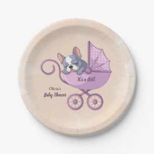 Cute French Bulldog Pup Pink Stroller Baby Shower Paper Plates