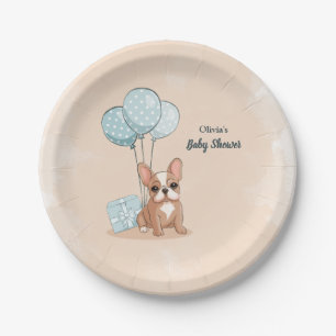 Cute French Bulldog Puppy Blue Balloon Baby Shower Paper Plates