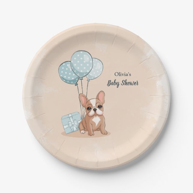 Cute French Bulldog Puppy Blue Balloon Baby Shower Paper Plates (Front)