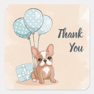 Cute French Bulldog Puppy Blue Balloon Baby Shower Square Sticker