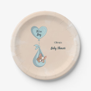 Cute French Bulldog Puppy Blue Heart Baby Shower Paper Plates