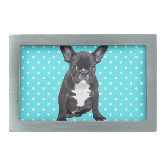 Cute French Bulldog Puppy Blue Polka Dots Belt Buckle (Front)