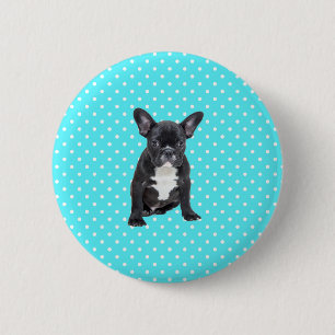 Cute French Bulldog Puppy Blue Polka Dots Button