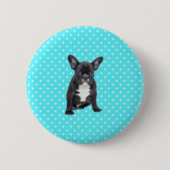 Cute French Bulldog Puppy Blue Polka Dots Button (Front)