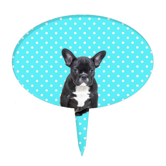 Cute French Bulldog Puppy Blue Polka Dots Cake Topper (Front)