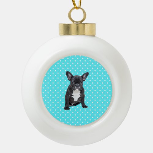 Cute French Bulldog Puppy Blue Polka Dots Ceramic Ball Christmas Ornament