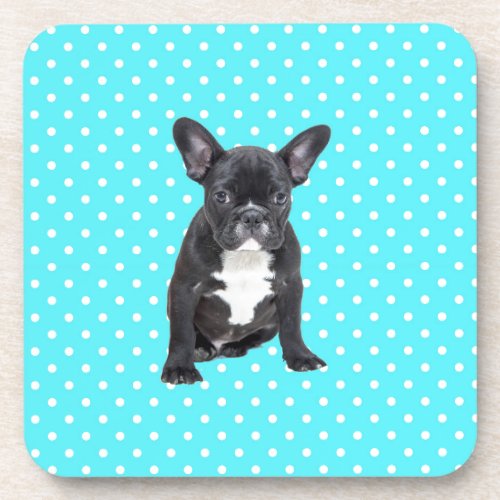 Cute French Bulldog Puppy Blue Polka Dots Drink Coaster