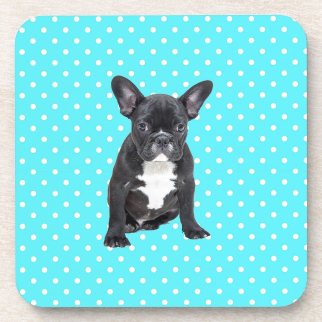 Cute French Bulldog Puppy Blue Polka Dots Drink Coaster (Front)