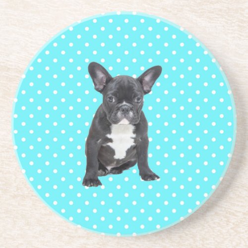 Cute French Bulldog Puppy Blue Polka Dots Drink Coaster