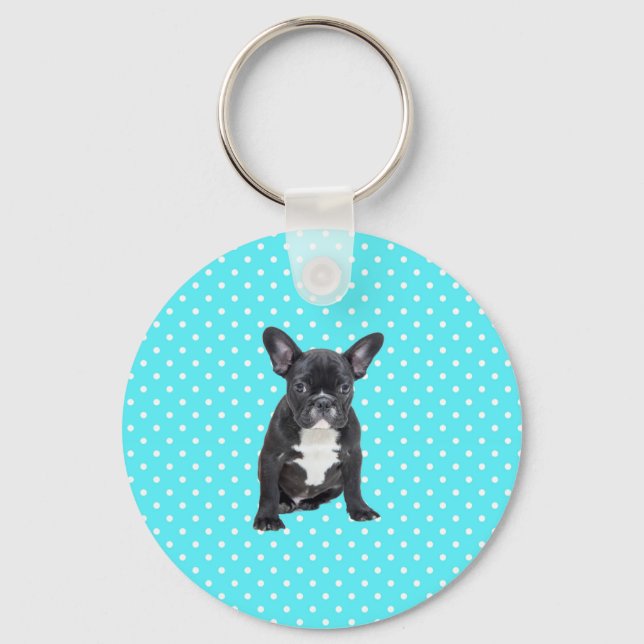 Cute French Bulldog Puppy Blue Polka Dots Keychain (Front)