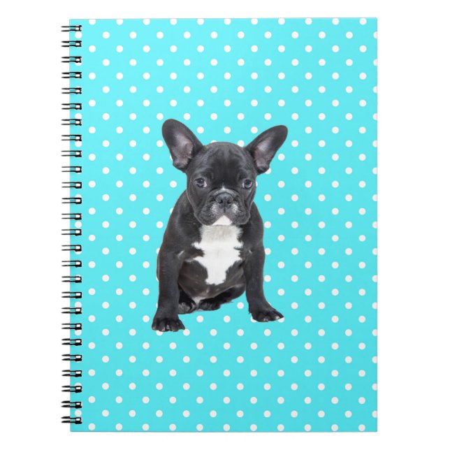 Cute French Bulldog Puppy Blue Polka Dots Notebook (Front)