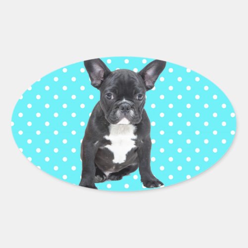 Cute French Bulldog Puppy Blue Polka Dots Oval Sticker